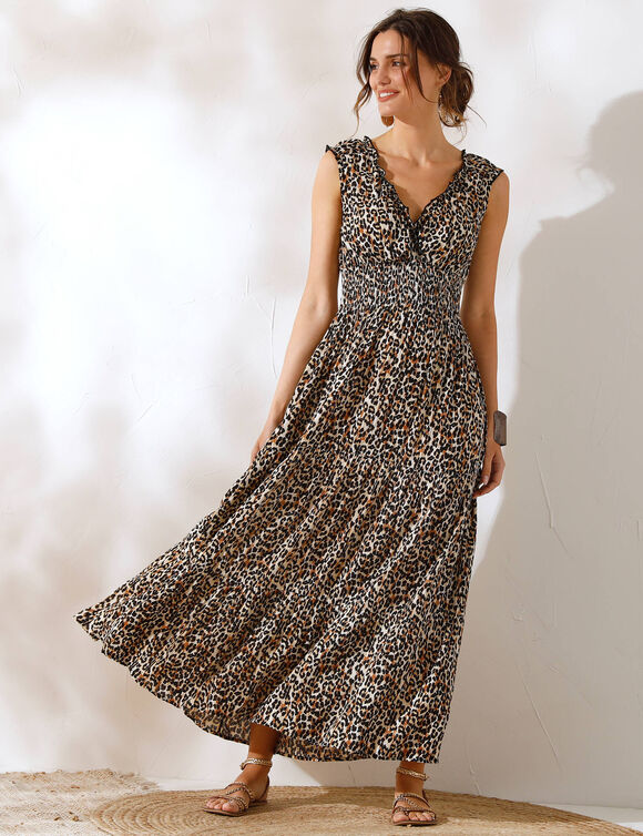 Robe longue imprimée, sans manches (taupe / noir)