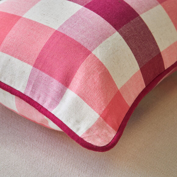 Coussin rectangulaire coton lin carreaux (rose)