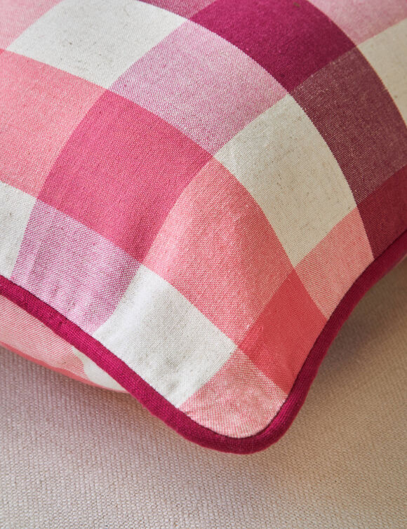 Coussin rectangulaire coton lin carreaux (rose)