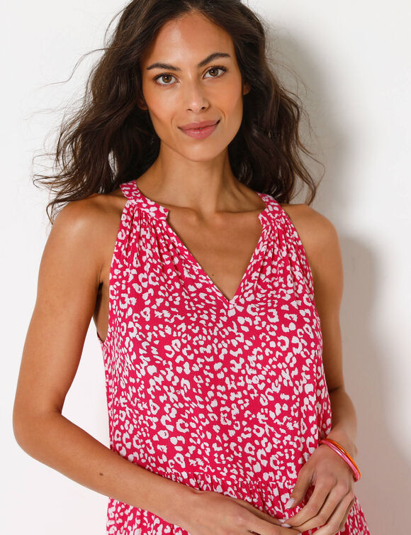Robe &agrave; volants imprim&eacute; l&eacute;opard emmanchures am&eacute;ricaines, cr&eacute;pon (rose / blanc)