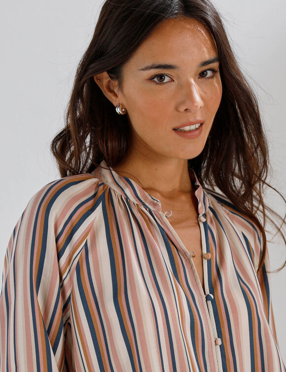 Chemisier ample imprim&eacute; ray&eacute;, manches blousantes  (beige / rose)