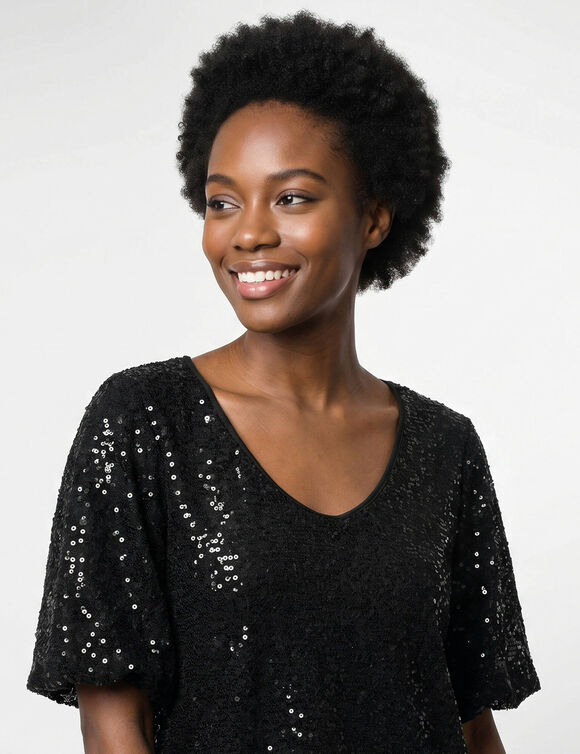 T-shirt met pailletten, V-hals en uitlopende mouwen tot aan de ellebogen (zwart / zwart)