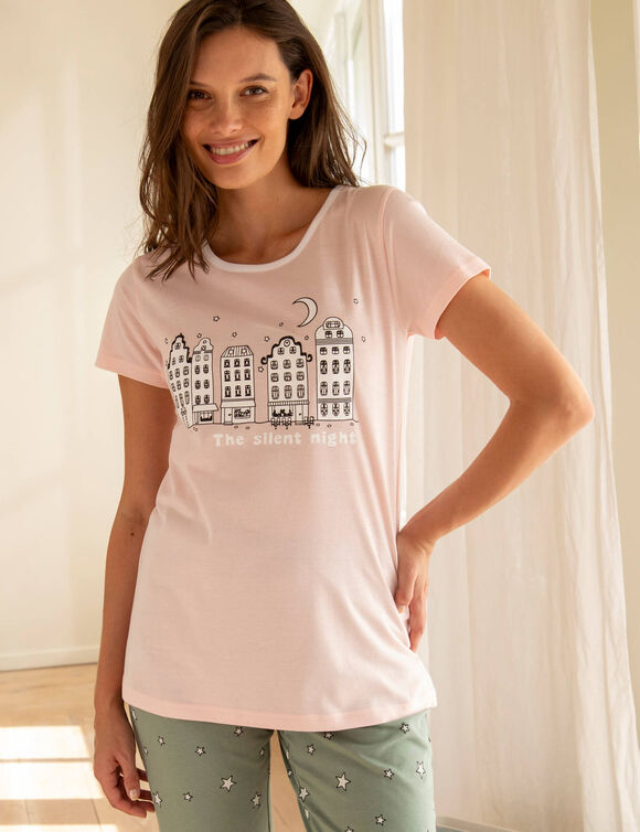 Pyjama pantacourt imprim&eacute; ville &eacute;toil&eacute;e (kaki / rose)