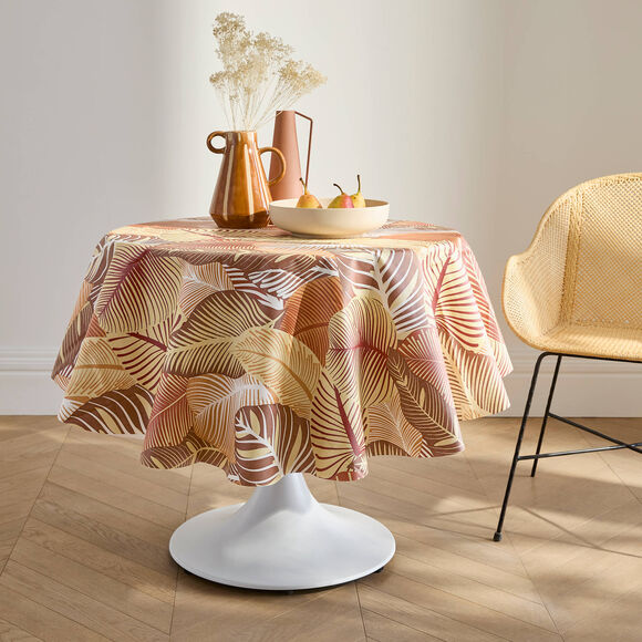 Tafellaken in toile cir&eacute;e met grote bladerenprint (terracotta)