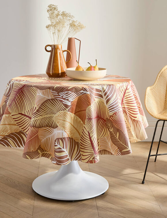 Tafellaken in toile cir&eacute;e met grote bladerenprint (terracotta)