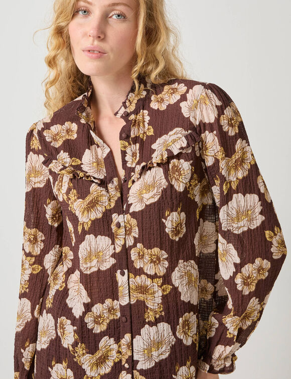 Blouse volantée imprimée floral, crépon (chocolat)