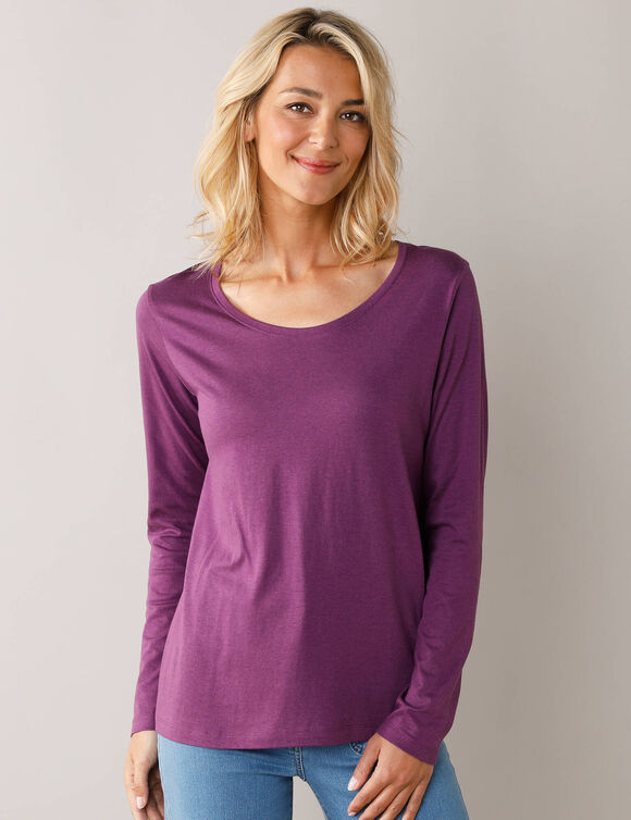 T-shirt col rond manches longues uni (violet)