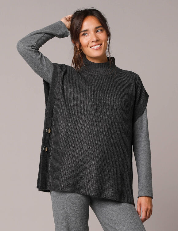 Pull col montant sans manches, maille perlée (anthracite chiné)