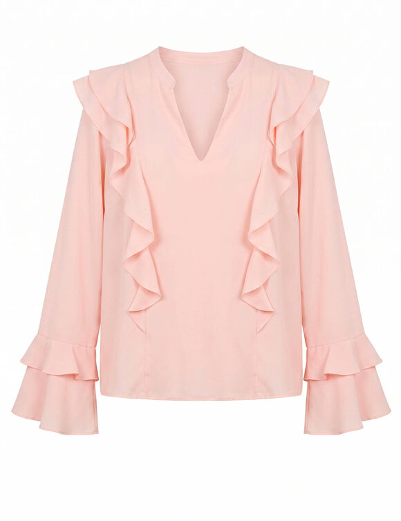 Blouse met officierskraag en ruches, uitlopende mouwen, cr&ecirc;pe (poederroze)