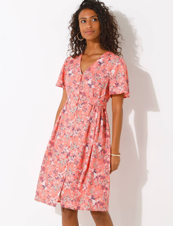 Robe boutonnée manches "papillon" imprimée (corail / vert)