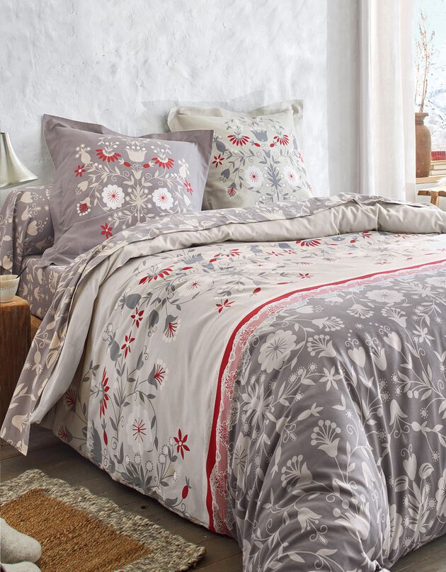 Linge de lit Victoire en coton imprimé fleurs, beige, hi-res