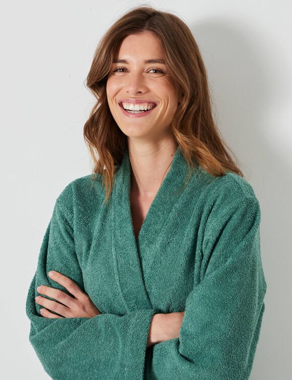 Peignoir court adulte col kimono éponge bouclette (eucalyptus)