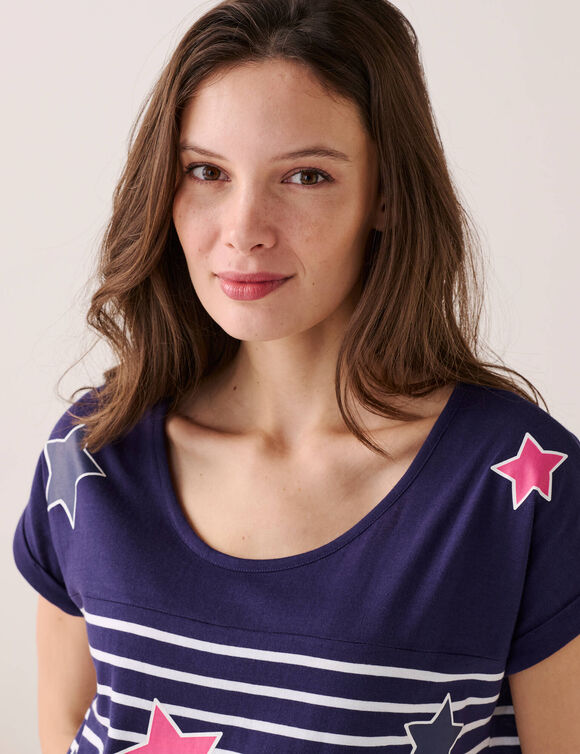 Chemise de nuit ray&eacute;e et &eacute;toiles, fils teints (marine)