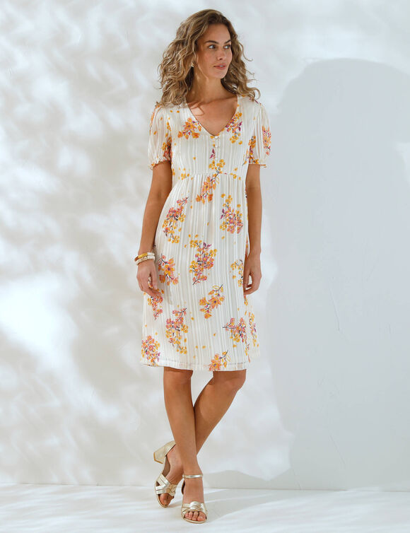 Robe courte imprimé floral, voile fils brillants (écru / rose)