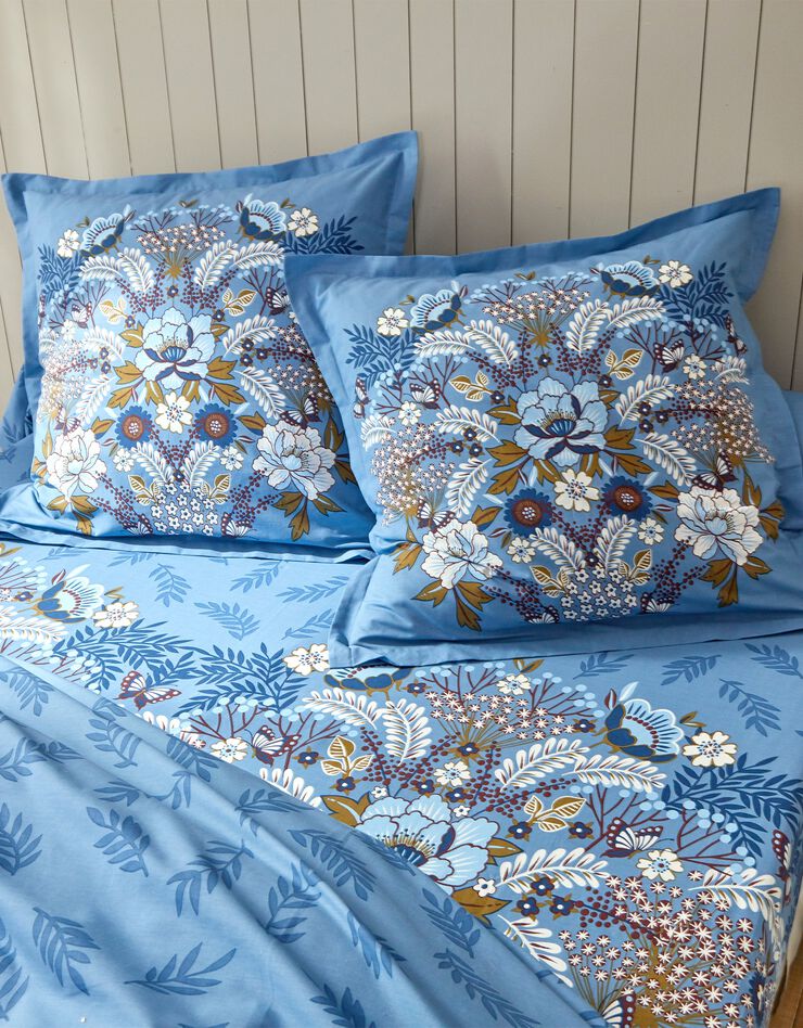 Linge de lit Carla en coton imprimé fleuri  (bleu)