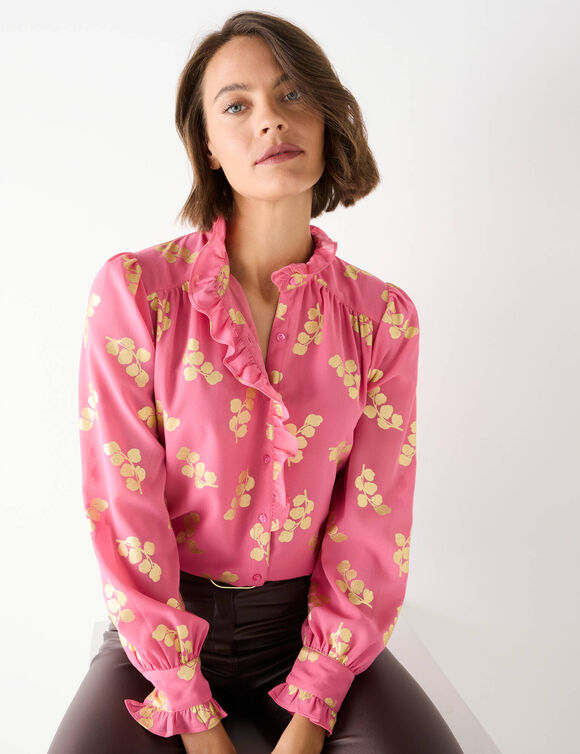 Chemisier volanté, voile imprimé doré (rose)