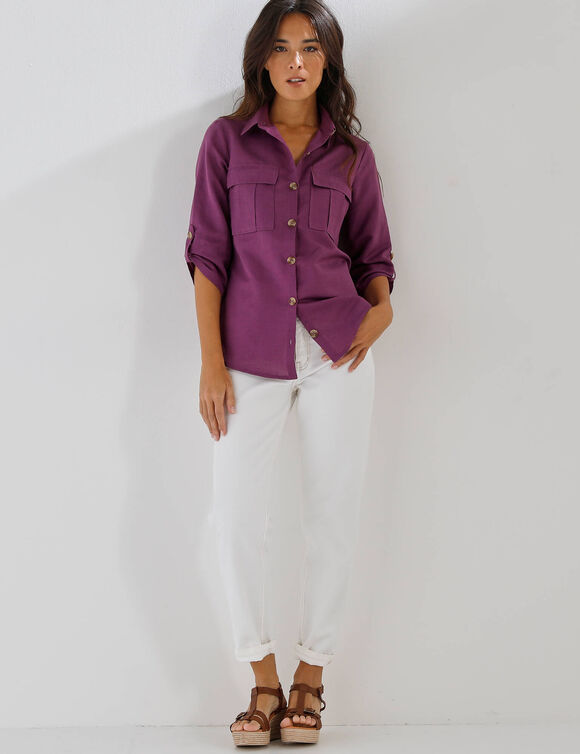 Chemisier lin-coton, manches retroussables (violet gris&eacute;)