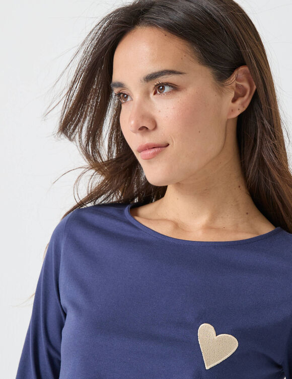 T-shirt marinière manches longues, brodé "cœur" uni ou imprimé léopard (marine)