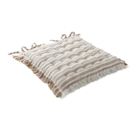 Vierkant, gestreept stoelkussentje met franjes - set van 2 (beige)