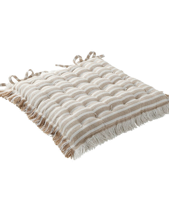 Galette de chaise carr&eacute;e ray&eacute;e &agrave; franges - lot de 2 (beige)