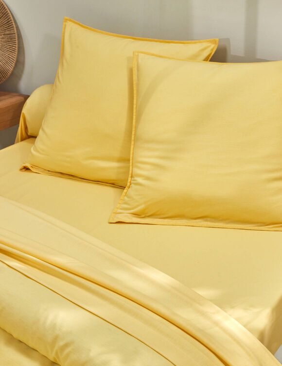 Linge de lit uni coton lav&eacute; (jaune)