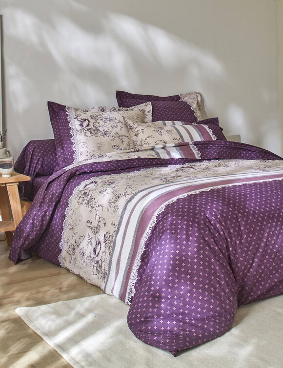 Linge de lit Gabrielle imprim&eacute; pois-fleurs-dentelle - flanelle 150 g/m&sup2; (prune)
