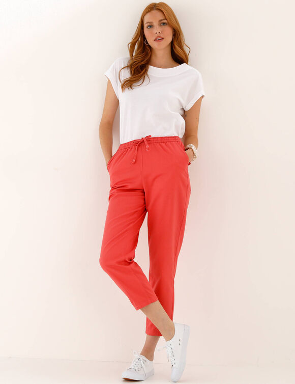 Pantalon mom 7/8&egrave;me uni, coton (corail)