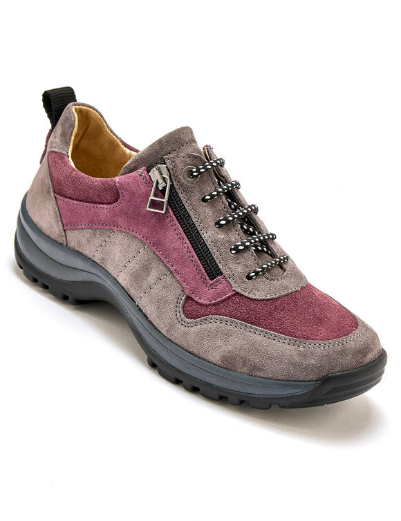 Wandelsneakers met rits en veters, breed model in leer (grijs / roze)