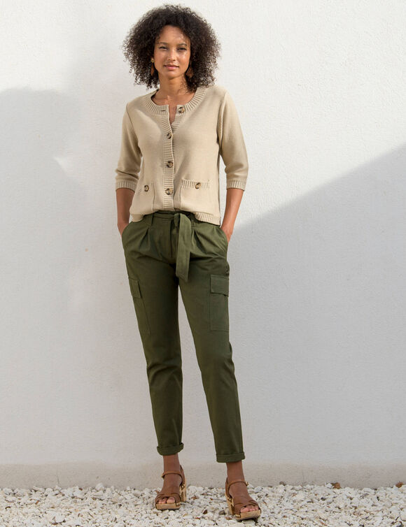 Cardigan boutonné à poches, manches coude (ficelle)