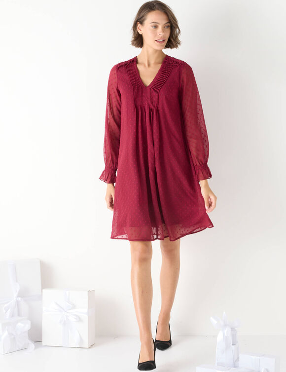 Robe unie à plis, voile plumetis (bordeaux)