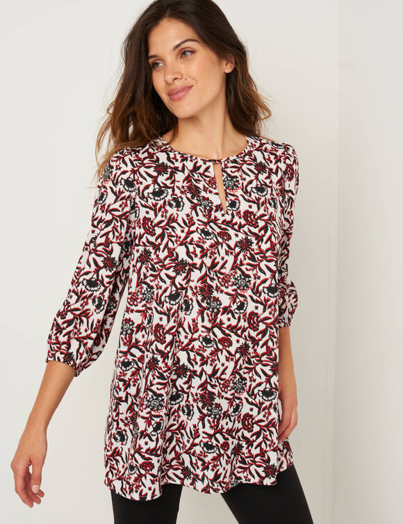 Tunique fluide imprimé fleuri, manches 3/4 (noir / rouge)