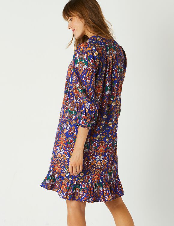 Robe housse manches 3/4 imprimée, crêpe (bleu / orange)