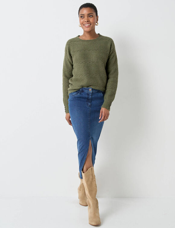 Pull col rond, maille poilue fantaisie (vert tilleul)