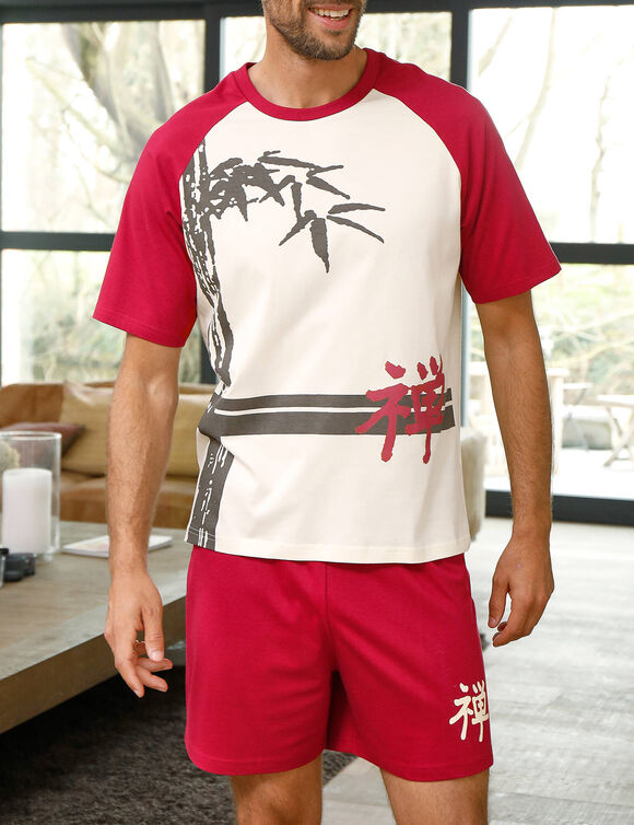 Pyjama short motif bambou (écru / bordeaux)