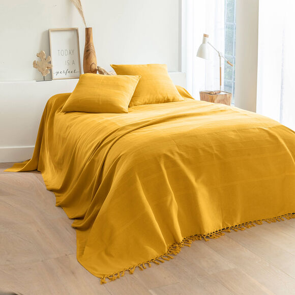  Plaid ou jet&eacute; uni coton tissage artisanal (curry)