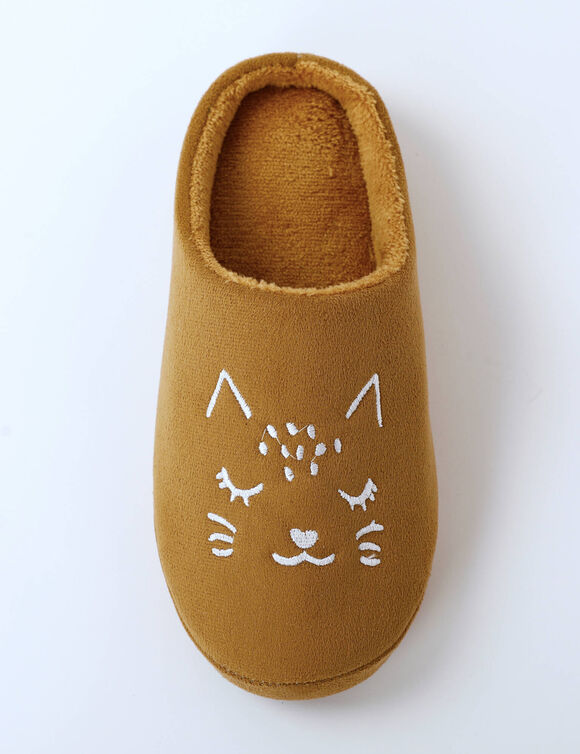 Mules polaire brodées chat (caramel)