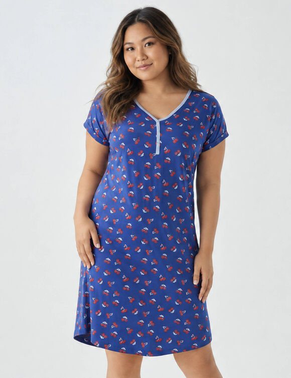 Chemise de nuit courte imprim&eacute; "cerises" manches courtes (marine)