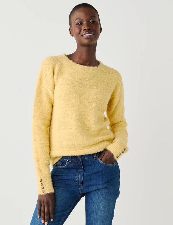 Pull col rond, maille poilue fantaisie (jaune p&acirc;le)