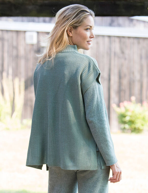 Pull col montant sans manches, maille perlée (kaki clair)