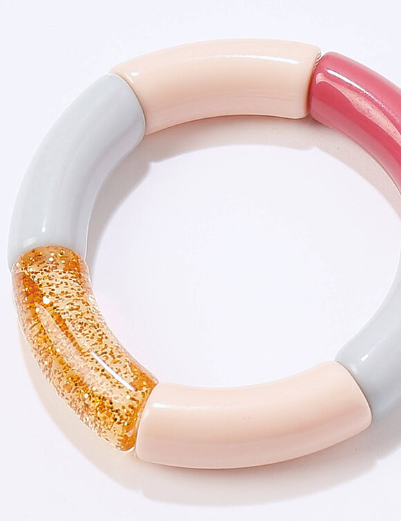 Bracelet &eacute;lastiqu&eacute; perles tubulaires, lot de 2 (rose / &eacute;cru)