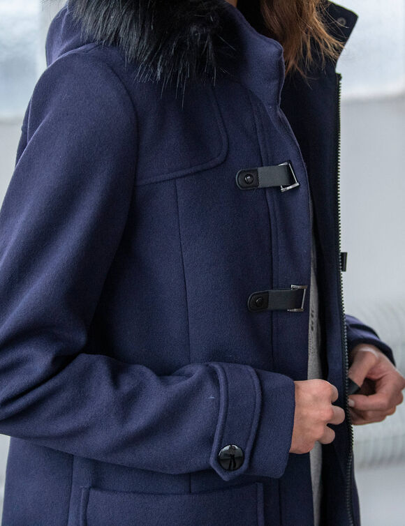 Duffle-coat capuche fausse fourrure uni (marine)