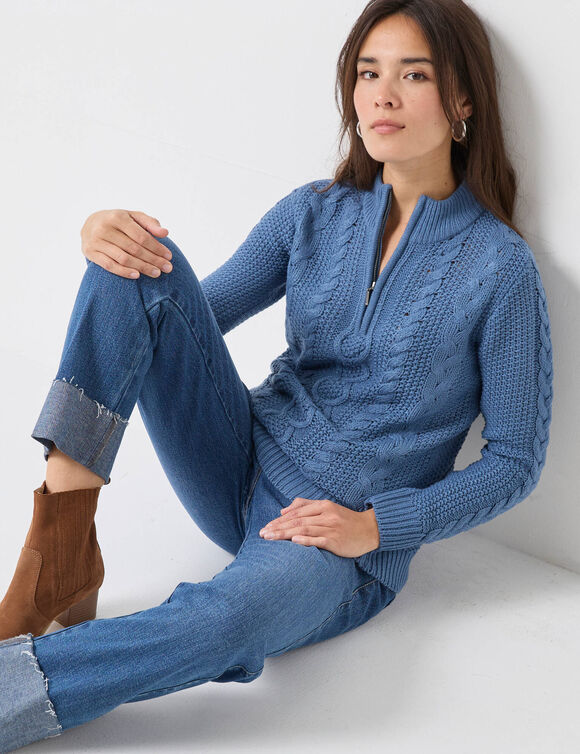 Pull col montant zippé, maille torsadée (bleu jean)
