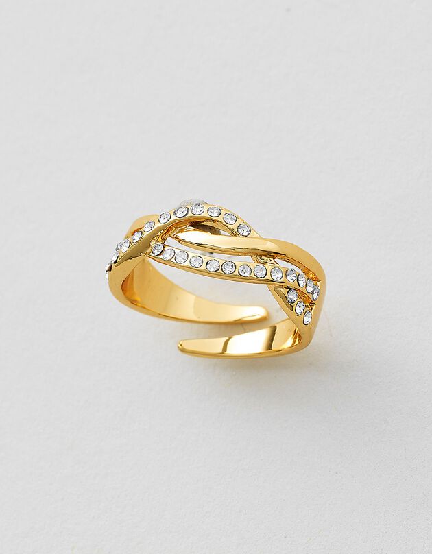 Verstelbare ring in gevlochten model met kristallen en verguld met fijn goud (één kleur)
