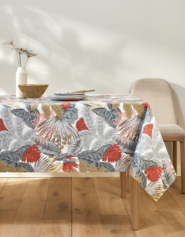 Bedrukt tafellaken in toile cirée, Anne (wit / grijs)