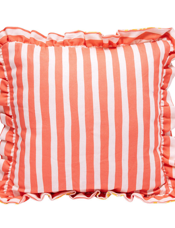 Coussin imprim&eacute; ray&eacute; et citrons (jaune / corail)