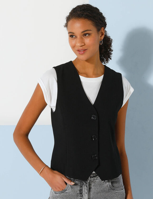 Veste "cafetier" sans manches, crêpe fluide (noir)