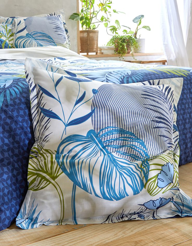 Linge de lit Jane en coton imprimé feuillages (bleu)