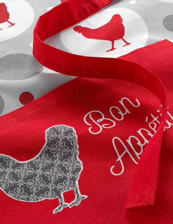 Tablier bavette imprimé poulettes, brodé "Bon appétit !" (gris / rouge)
