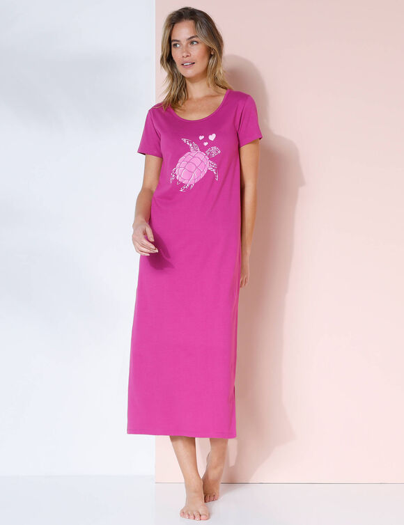 Chemise de nuit longue coton &ndash; imprim&eacute; "tortue" (framboise)