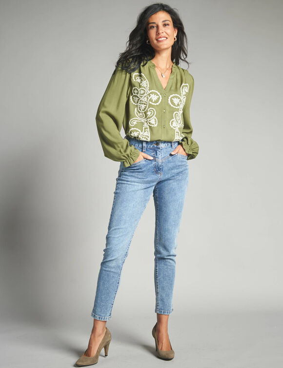Chemisier brodé, viscose (vert mousse / écru)
